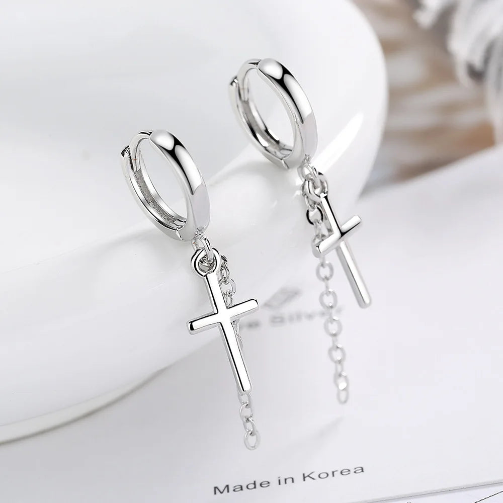 925 Sterling Silver Cross Drop Earrings