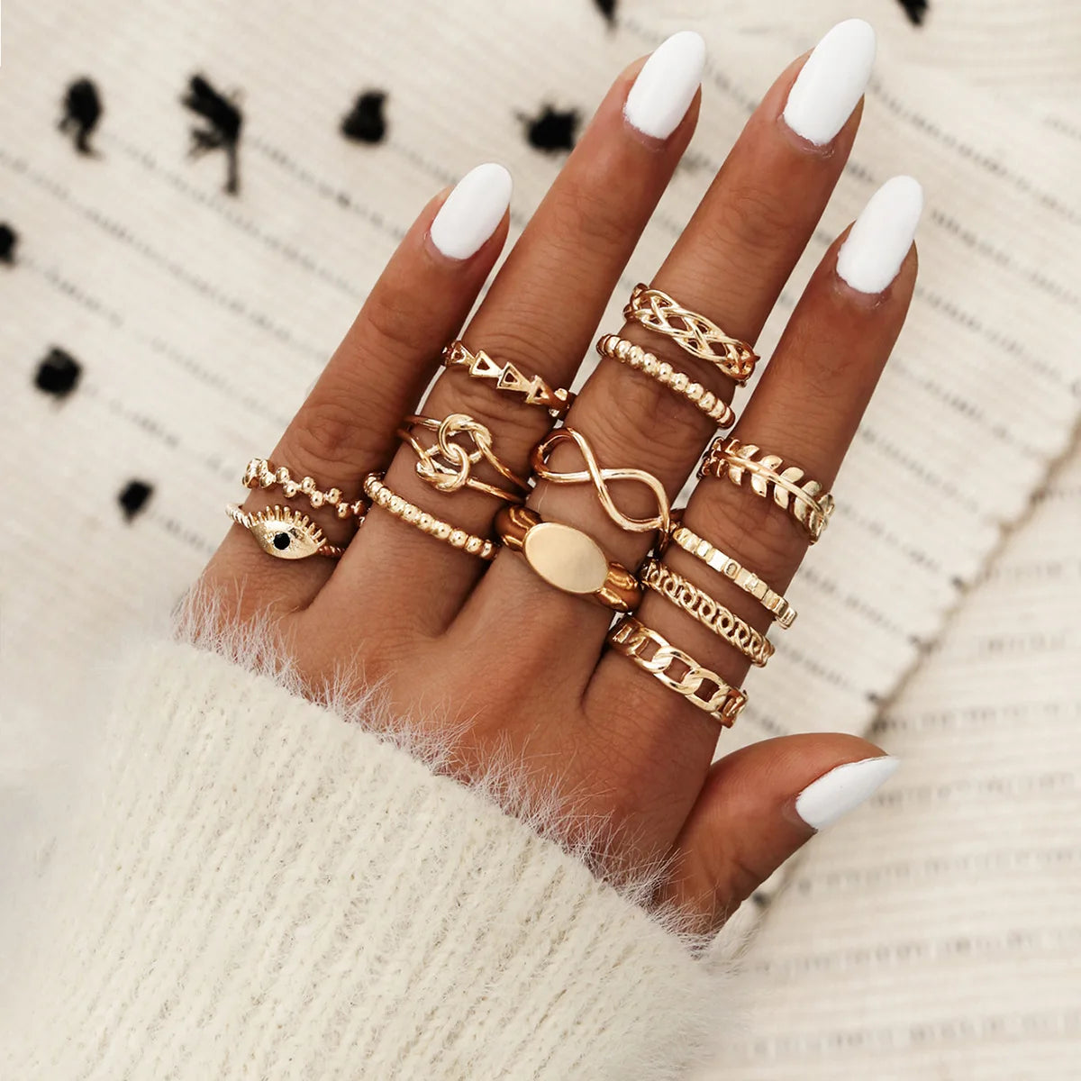 Bohemian Geometric Moon Crystal Knuckle Ring Set