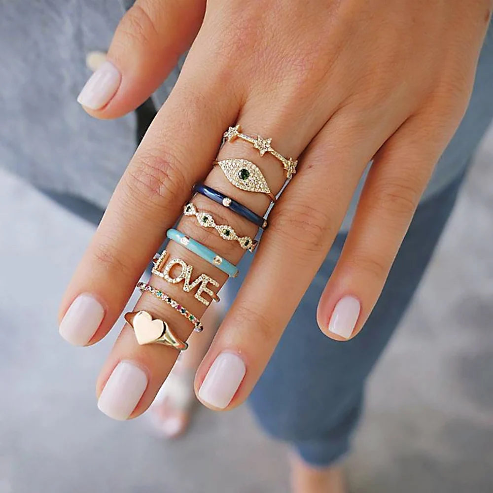 Bohemian Geometric Moon Crystal Knuckle Ring Set