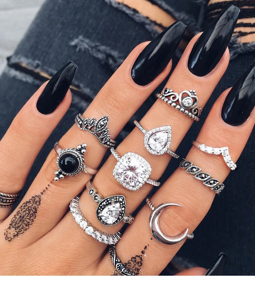 Vintage Moon Crystal Knuckle Ring Set