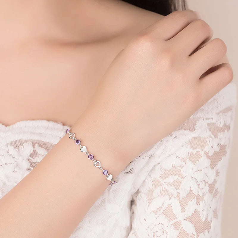 S925 Heart Link Bracelet with CZ Zircon