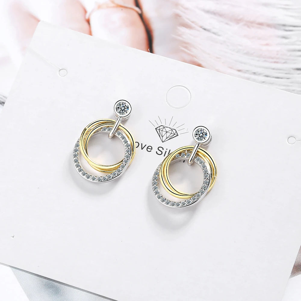 925 Sterling Silver Gold Crystal Circle Drop Earrings