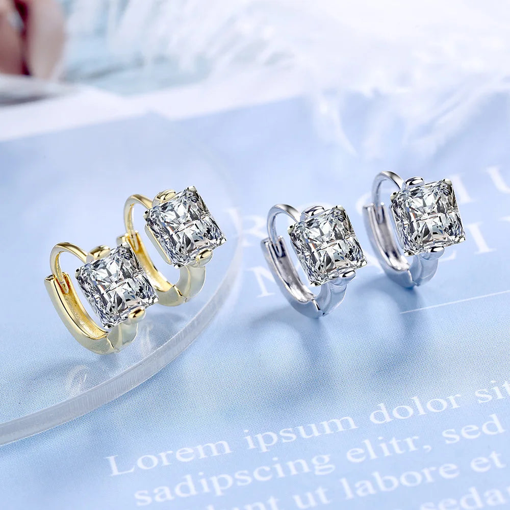 925 Sterling Silver Square Crystal Hoop Earrings