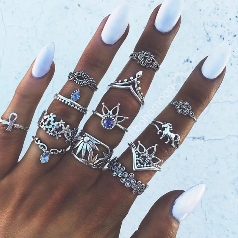 Bohemian Geometric Moon Crystal Knuckle Ring Set