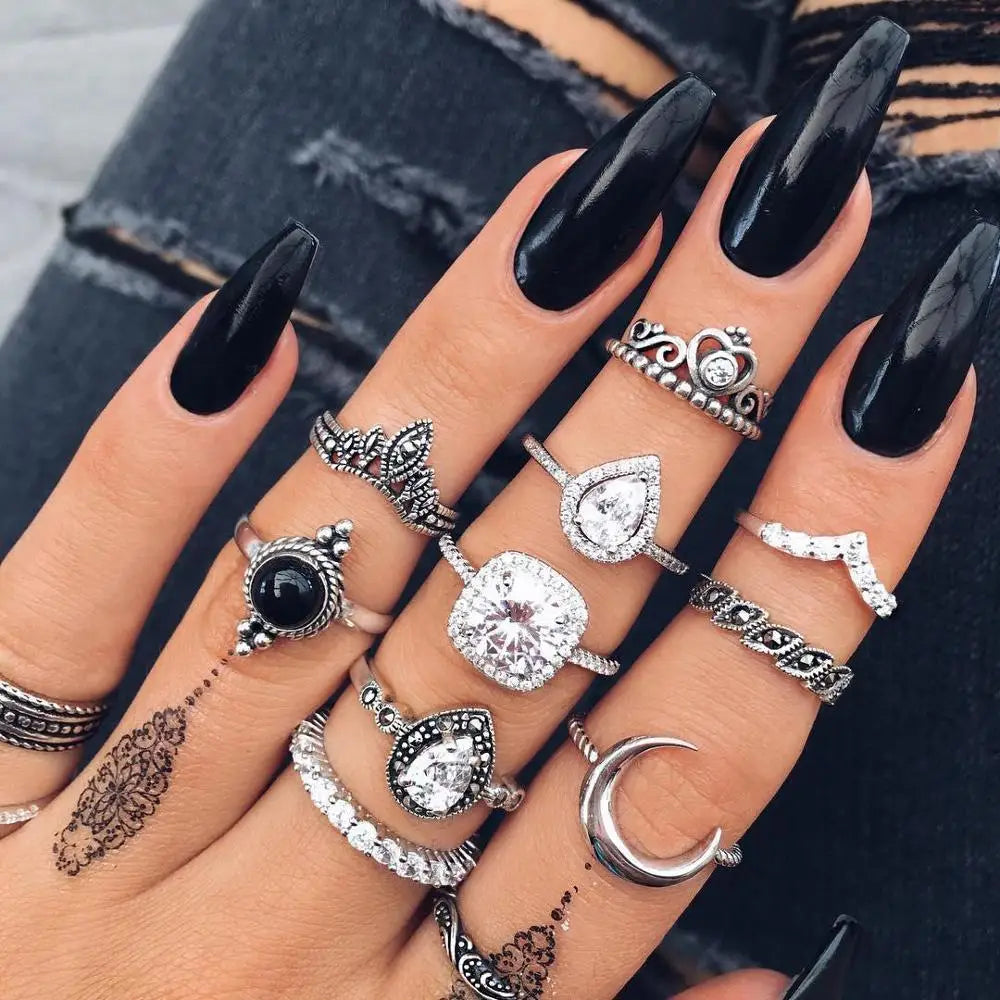 Vintage Moon Crystal Knuckle Ring Set