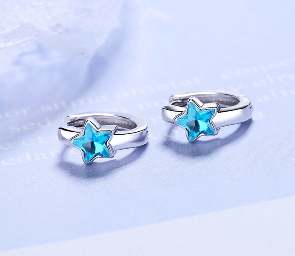 925 Sterling Silver Blue Crystal Star Hoop Earrings