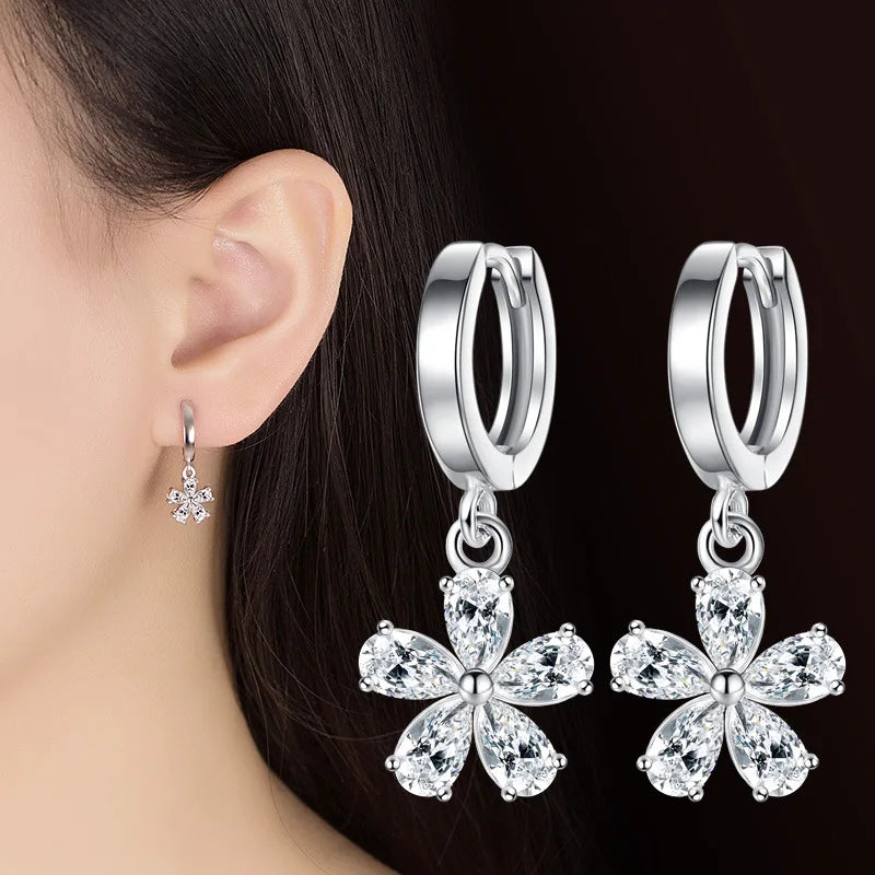 925 Sterling Silver Crystal Flower Drop Earrings