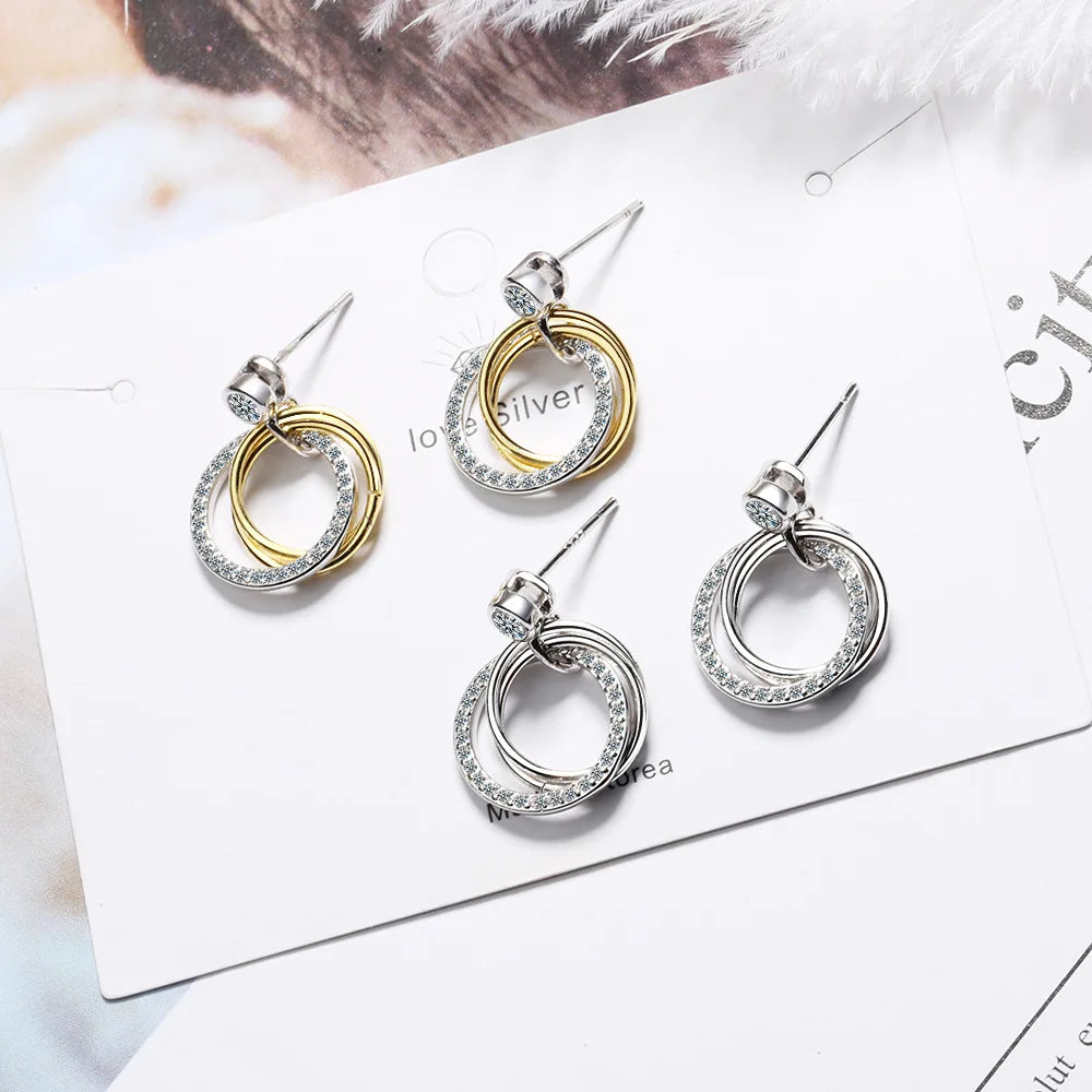 925 Sterling Silver Gold Crystal Circle Drop Earrings