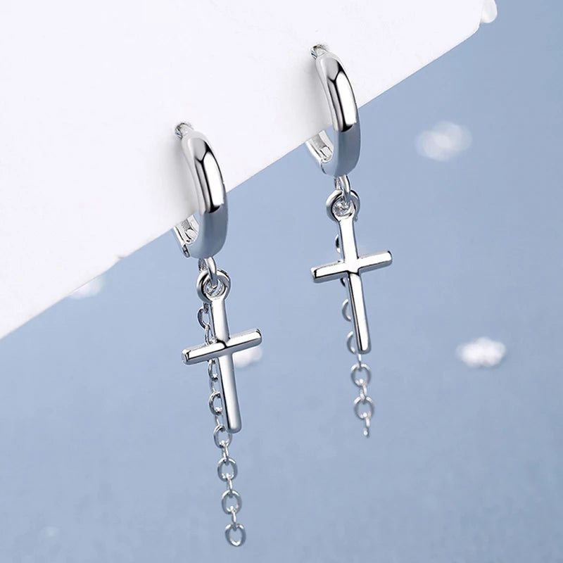 925 Sterling Silver Cross Drop Earrings