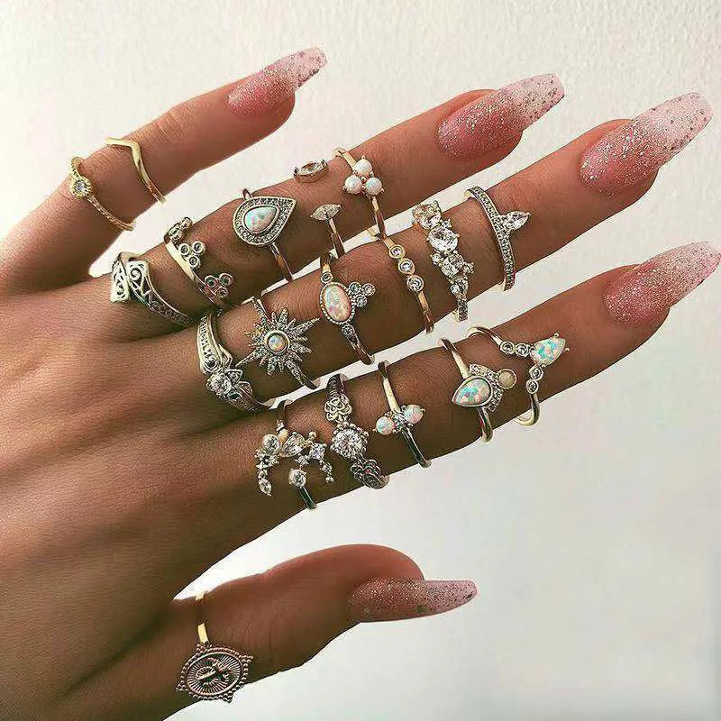 Bohemian Geometric Moon Crystal Knuckle Ring Set