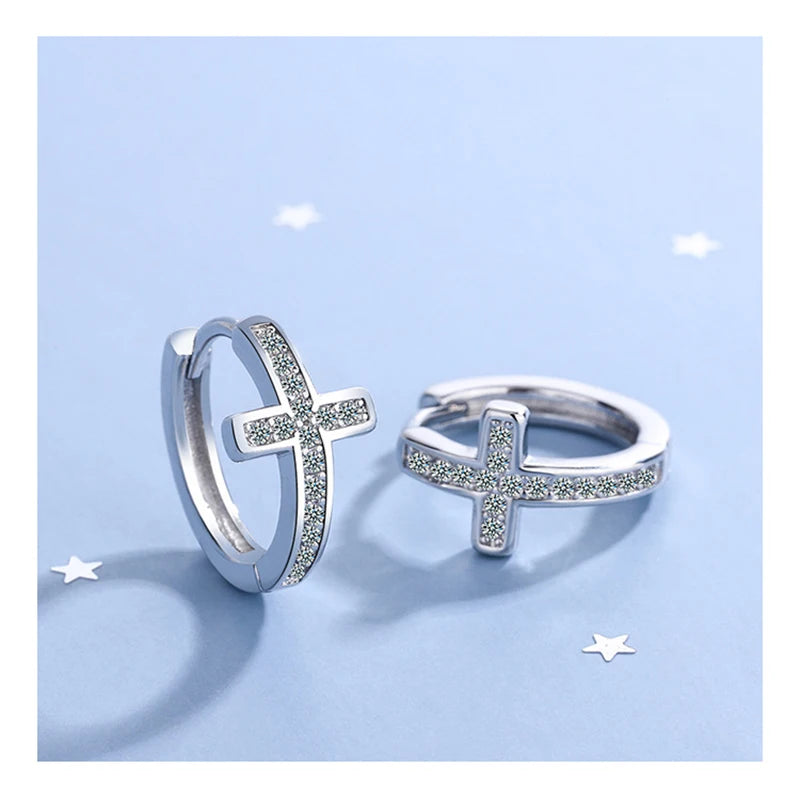 Sterling Silver Cross Zircon Hoop Earrings