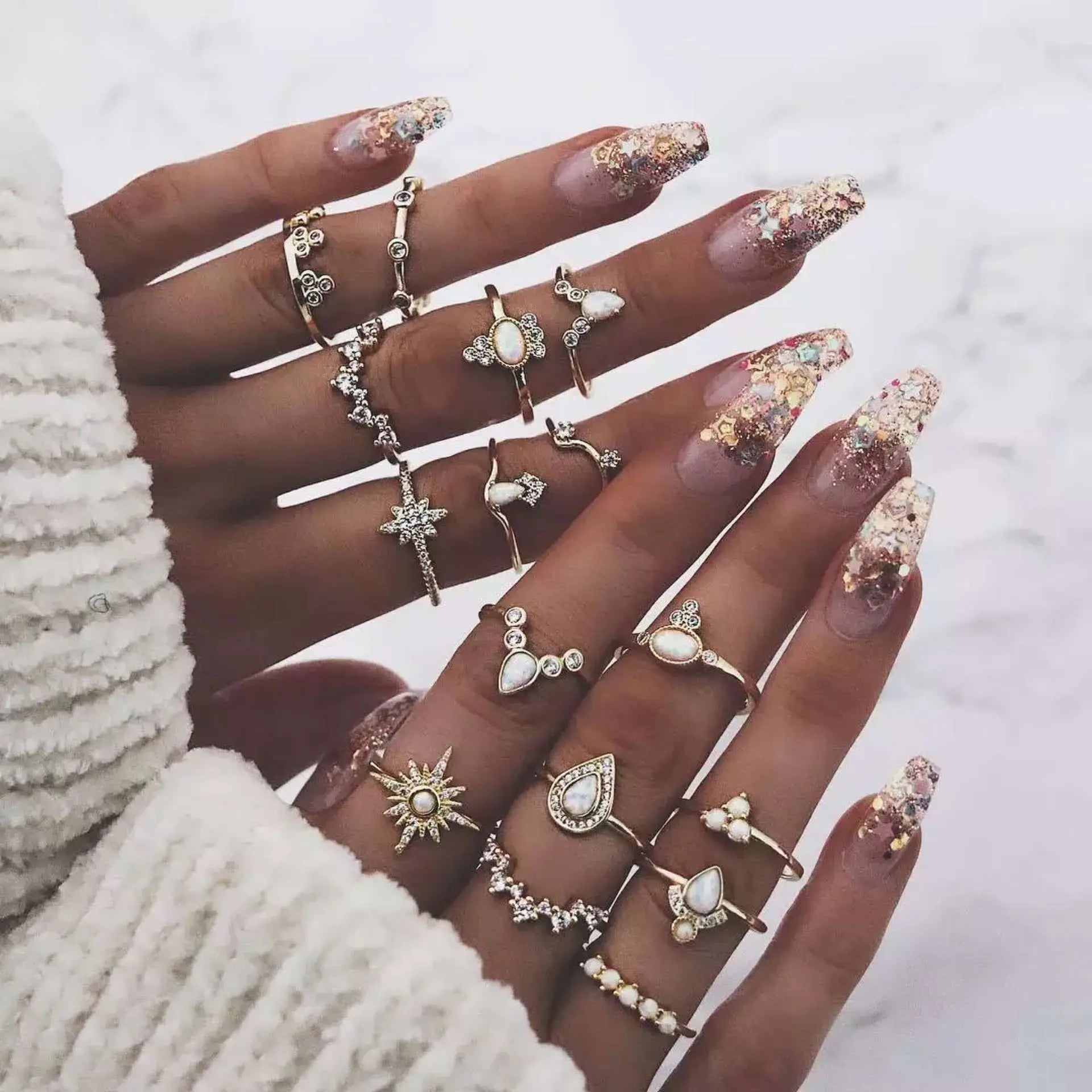 Bohemian Geometric Moon Crystal Knuckle Ring Set