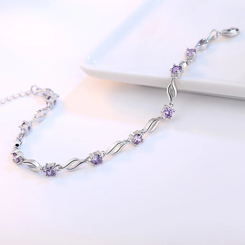 S925 Sterling Silver Crystal Leaf Link Bracelet