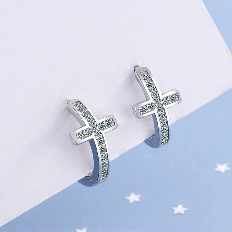 Sterling Silver Cross Zircon Hoop Earrings