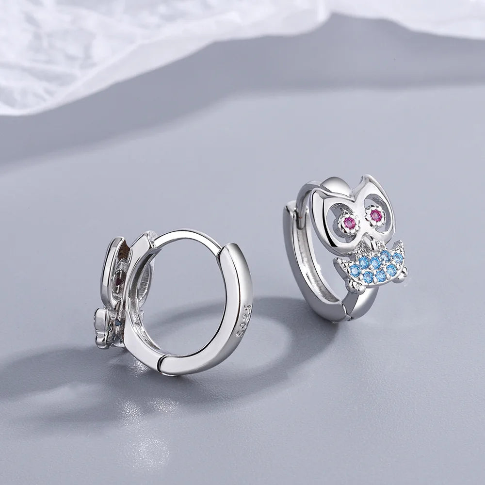 925 Sterling Silver Crystal Owl Hoop Earrings