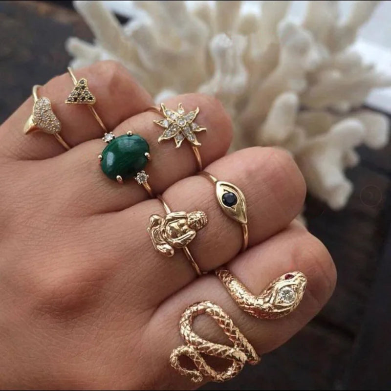 Bohemian Green Stone Moon & Owl Ring Set