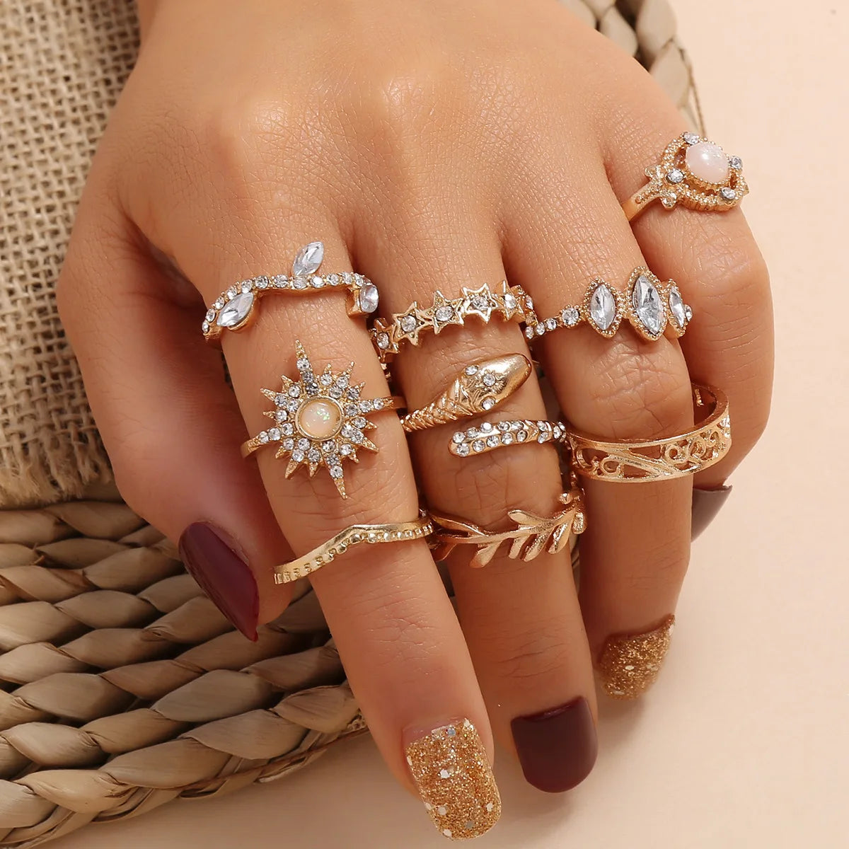 Bohemian Geometric Moon Crystal Knuckle Ring Set