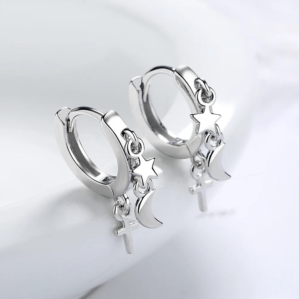 925 Sterling Silver Moon & Star Hoop Earrings