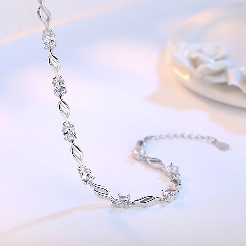 S925 Sterling Silver Crystal Leaf Link Bracelet