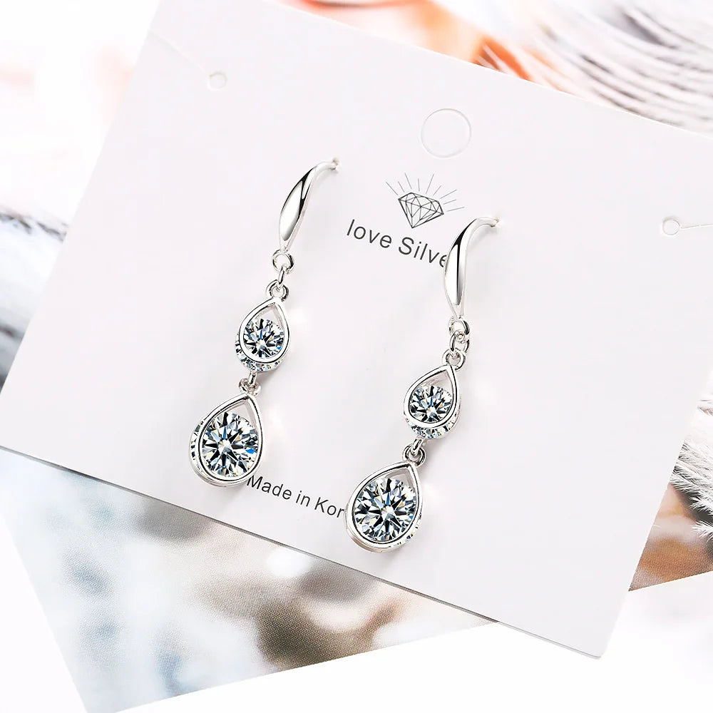 925 Sterling Silver Double Crystal Drop Earrings