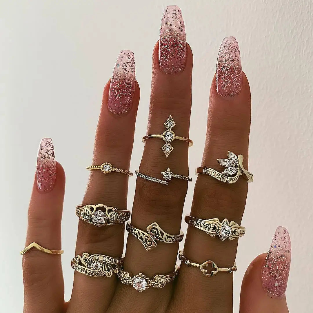 Bohemian Geometric Moon Crystal Knuckle Ring Set