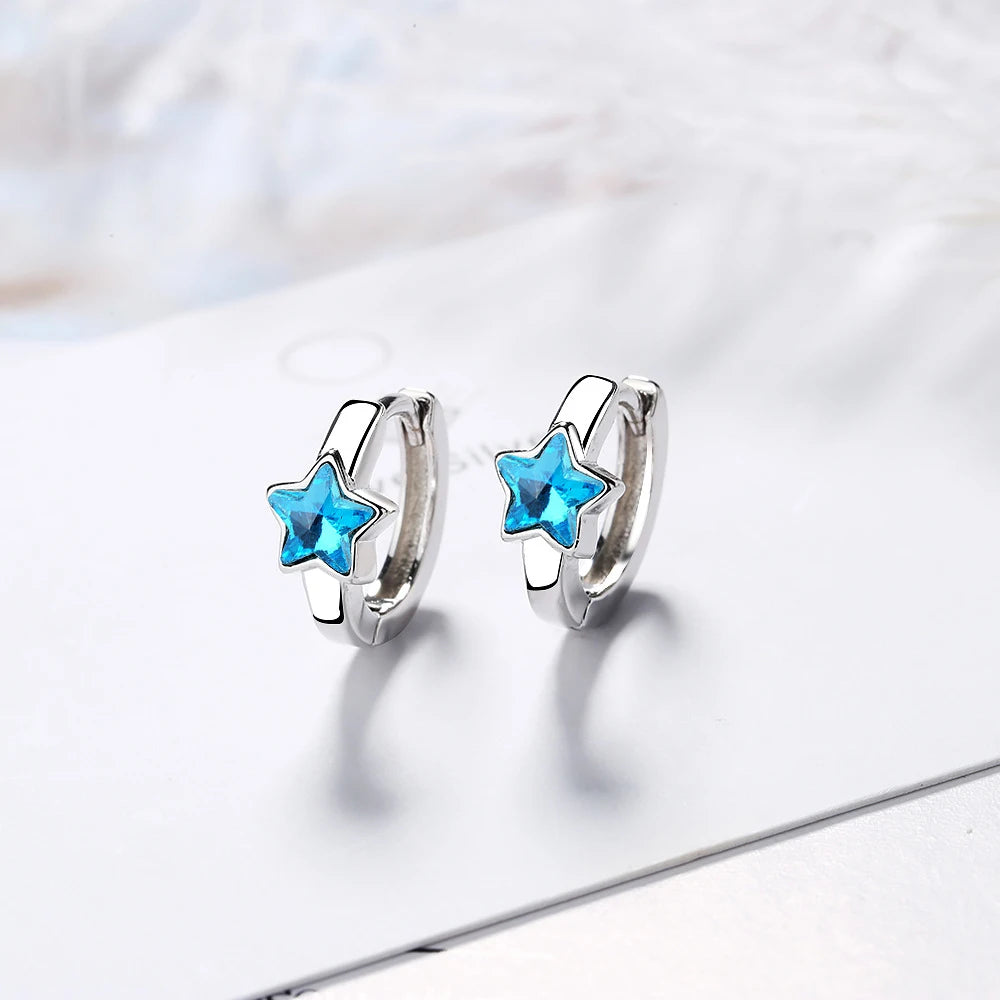 925 Sterling Silver Blue Crystal Star Hoop Earrings