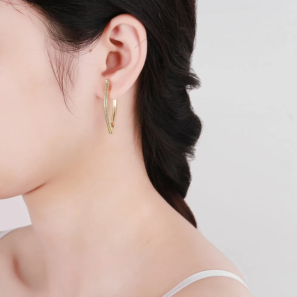 Gold-Tone Zircon V-Shaped Hoop Earrings