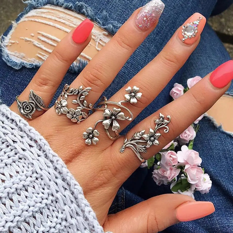 Bohemian Geometric Moon Crystal Knuckle Ring Set