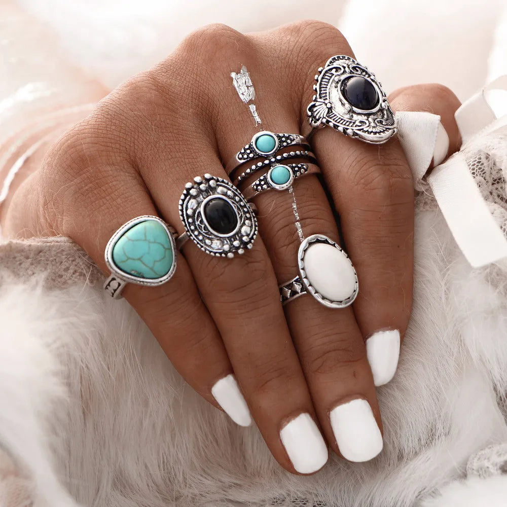 Bohemian Geometric Moon Crystal Knuckle Ring Set