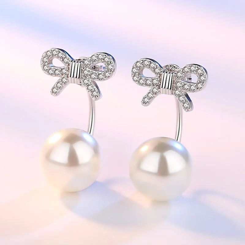 925 Sterling Silver Bow Pearl Stud Earrings