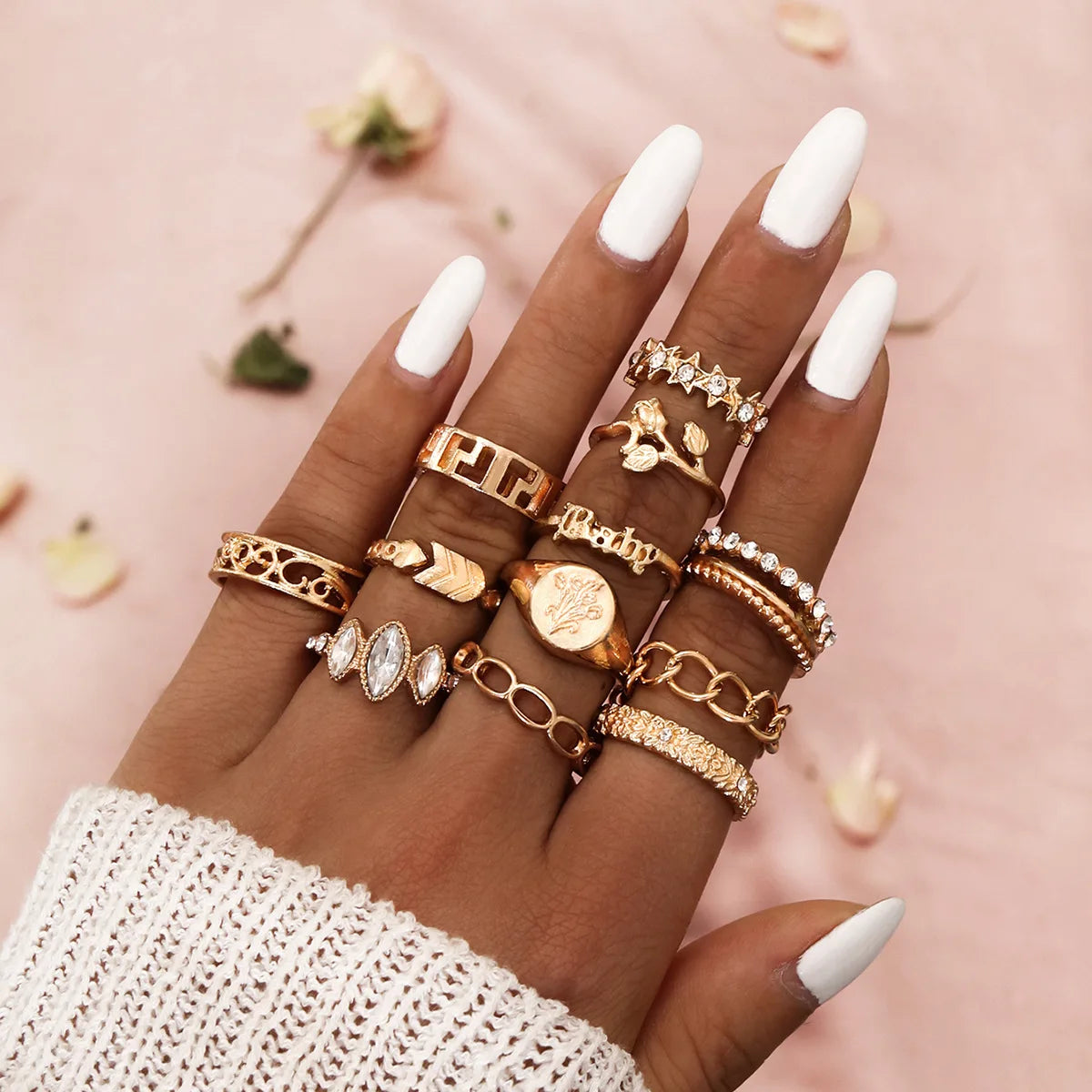 Bohemian Geometric Moon Crystal Knuckle Ring Set