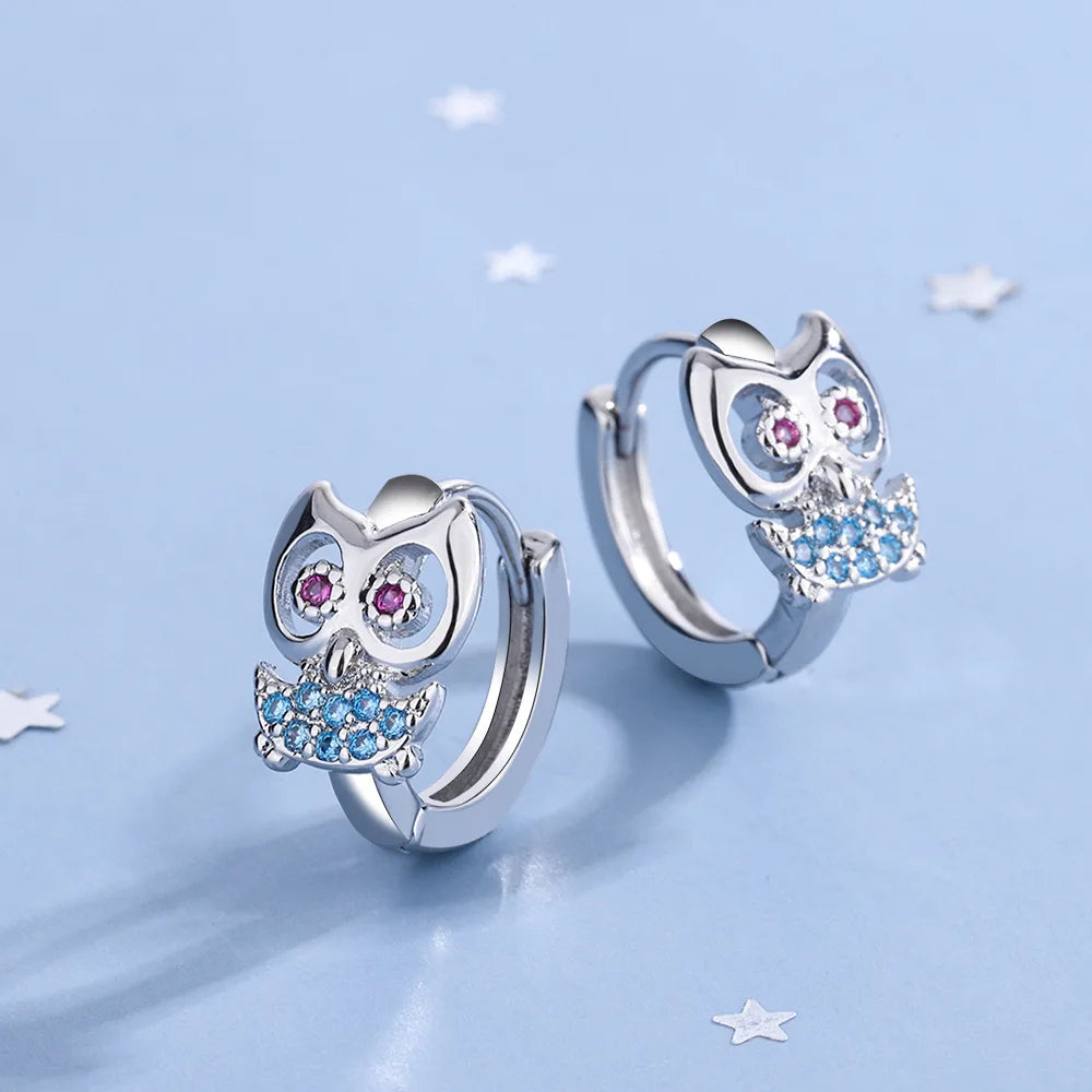 925 Sterling Silver Crystal Owl Hoop Earrings