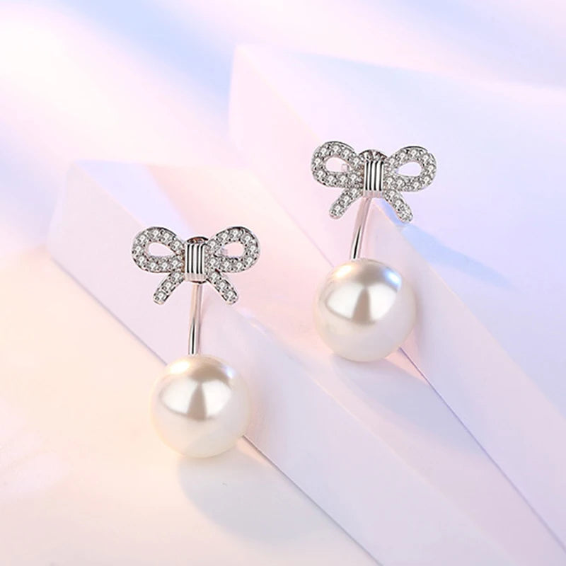 925 Sterling Silver Bow Pearl Stud Earrings