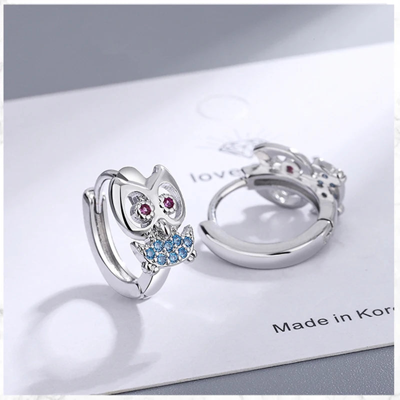 925 Sterling Silver Crystal Owl Hoop Earrings