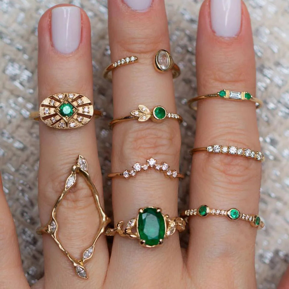 Bohemian Geometric Moon Crystal Knuckle Ring Set