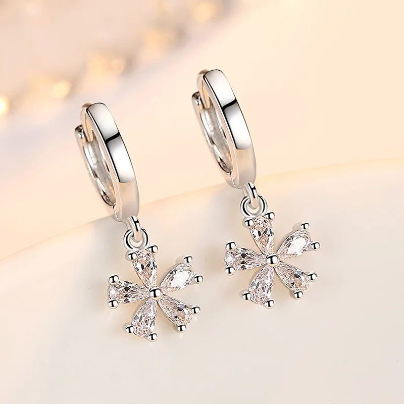 925 Sterling Silver Crystal Flower Drop Earrings