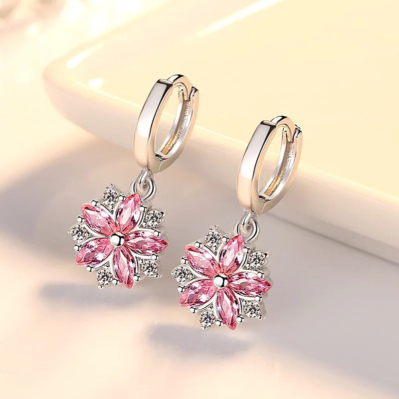 Sterling Silver Crystal Flower Drop Earrings