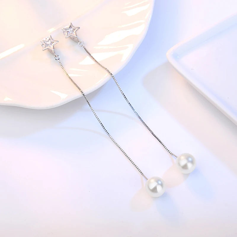 S925 Star & Pearl Long Drop Earrings