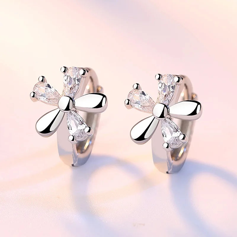 925 Sterling Silver Crystal Flower Hoop Earrings