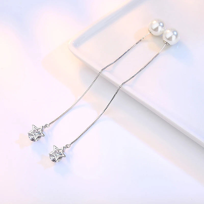 S925 Star & Pearl Long Drop Earrings