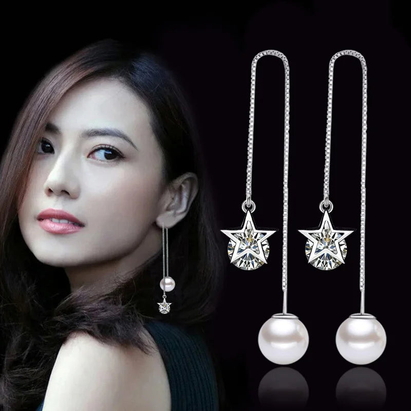 S925 Star & Pearl Long Drop Earrings