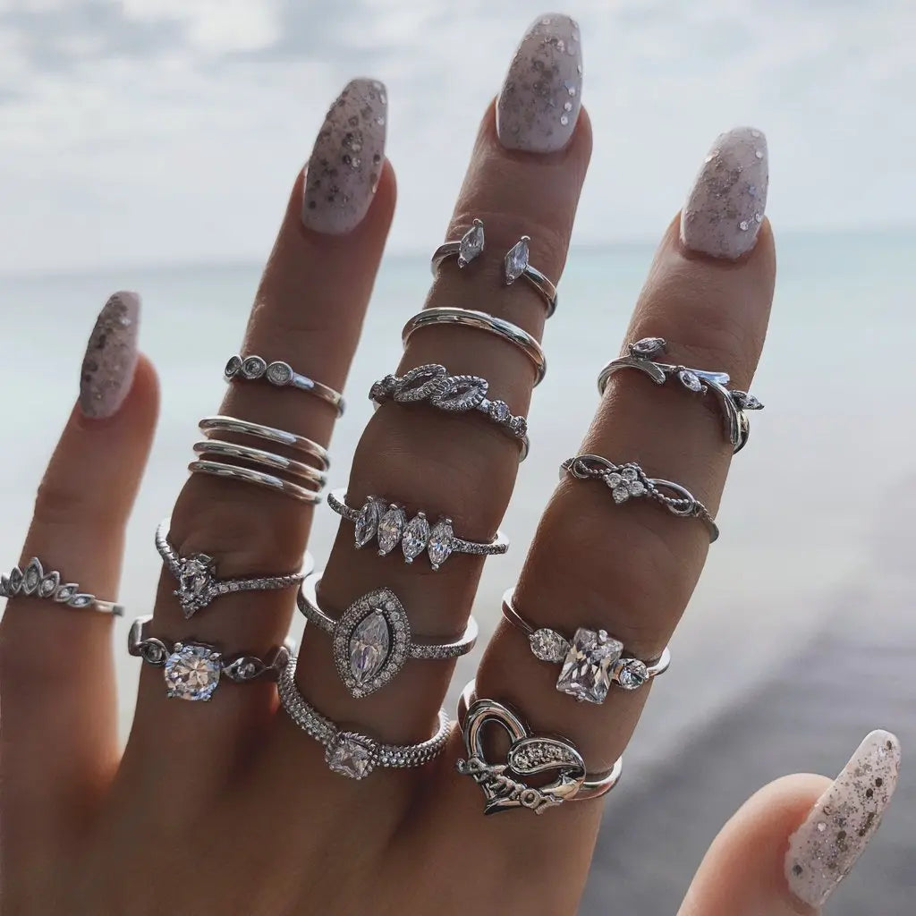 Bohemian Geometric Moon Crystal Knuckle Ring Set