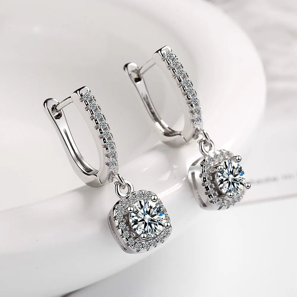 925 Sterling Silver Square Crystal Drop Earrings