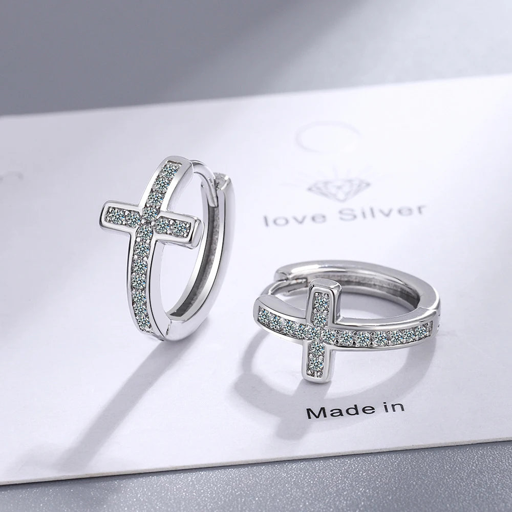 Sterling Silver Cross Zircon Hoop Earrings