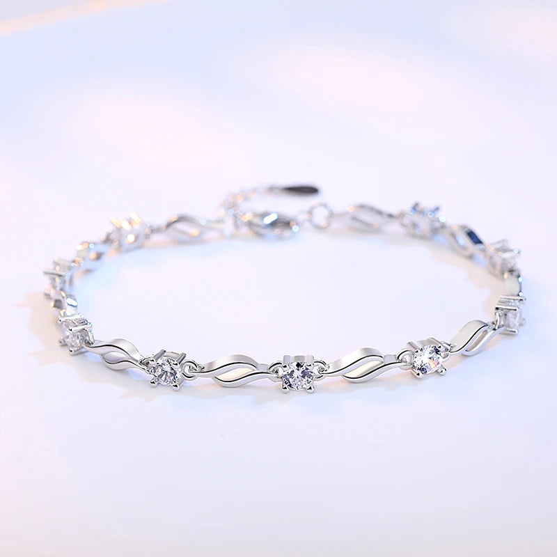 S925 Sterling Silver Crystal Leaf Link Bracelet