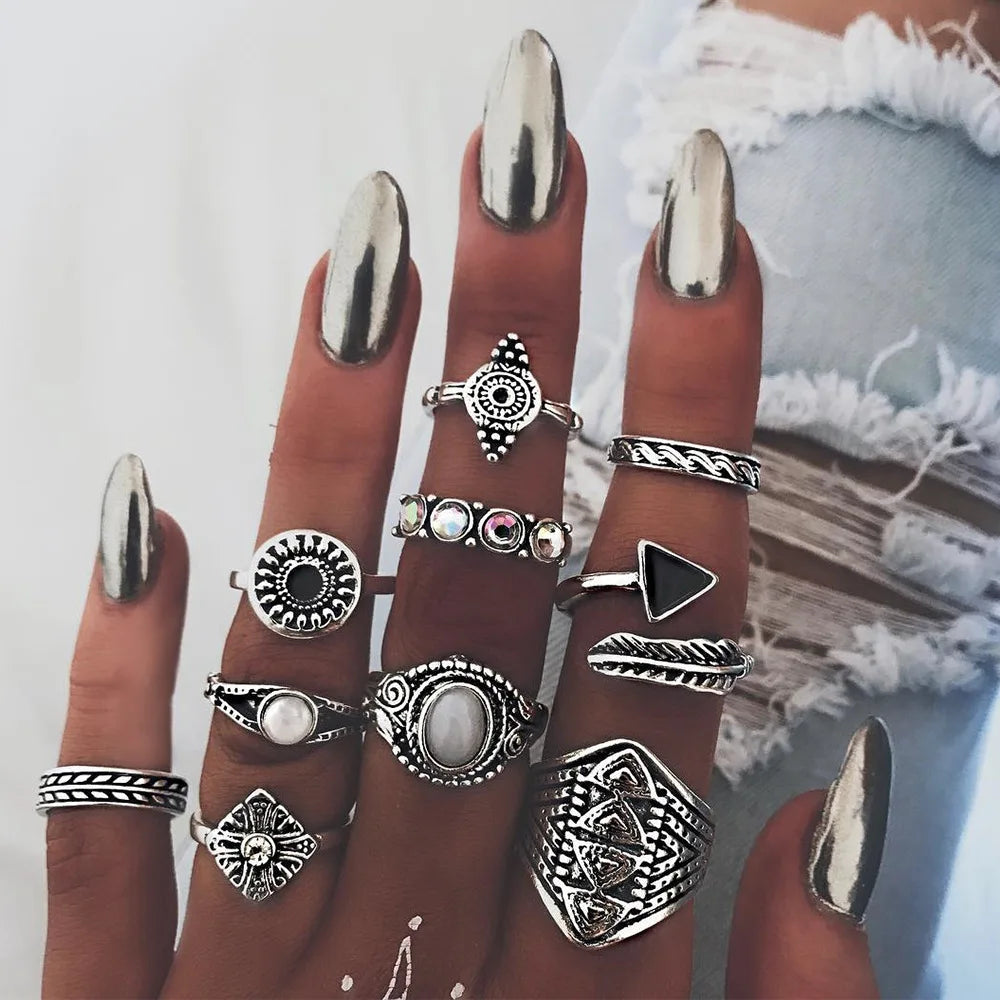 Bohemian Geometric Moon Crystal Knuckle Ring Set