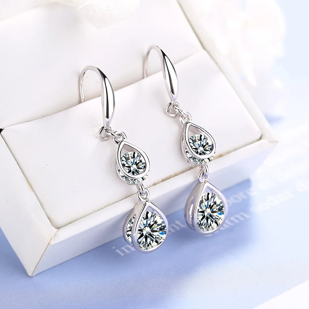 925 Sterling Silver Double Crystal Drop Earrings