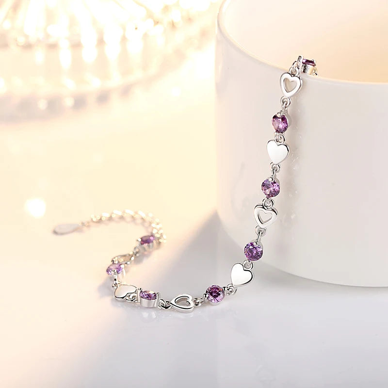 S925 Heart Link Bracelet with CZ Zircon