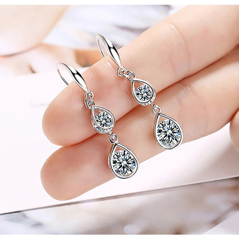 925 Sterling Silver Double Crystal Drop Earrings