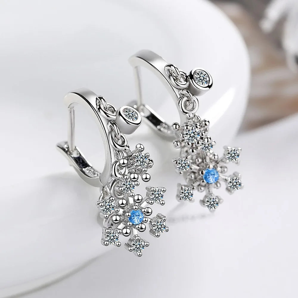 Sterling Silver Snowflake Crystal Drop Earrings